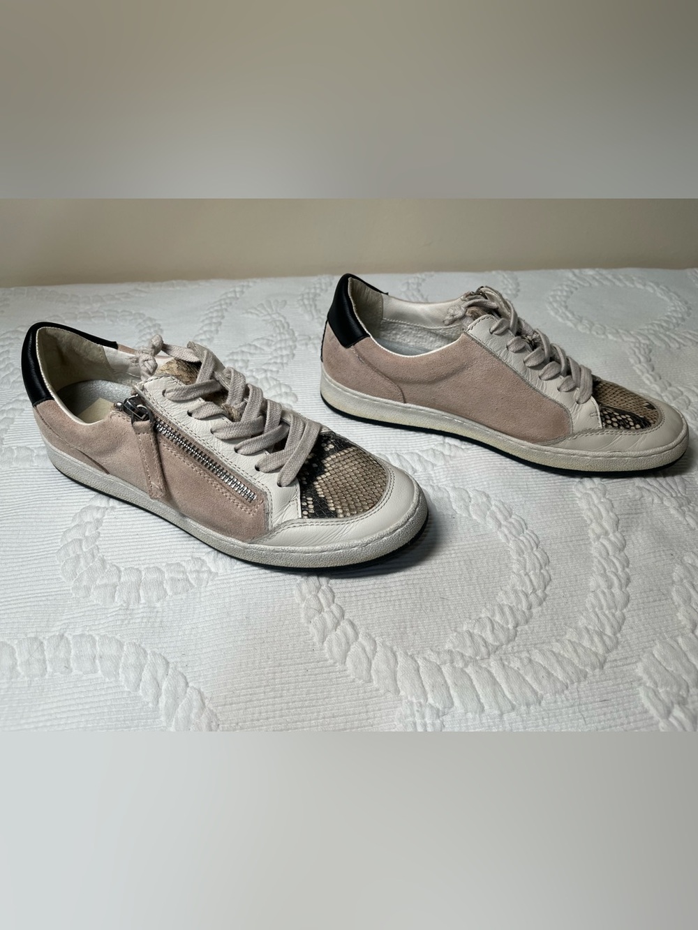 Dolce Vita Casual Suede & Leather Sneakers in Beige with Snake-Print Accent